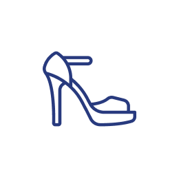 Blue outline icon of a high-heeled sandal with ankle strap on a white circular background.