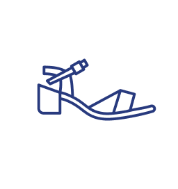 Blue outline icon of a high-heeled sandal with ankle strap on white circular background; minimal modern style.